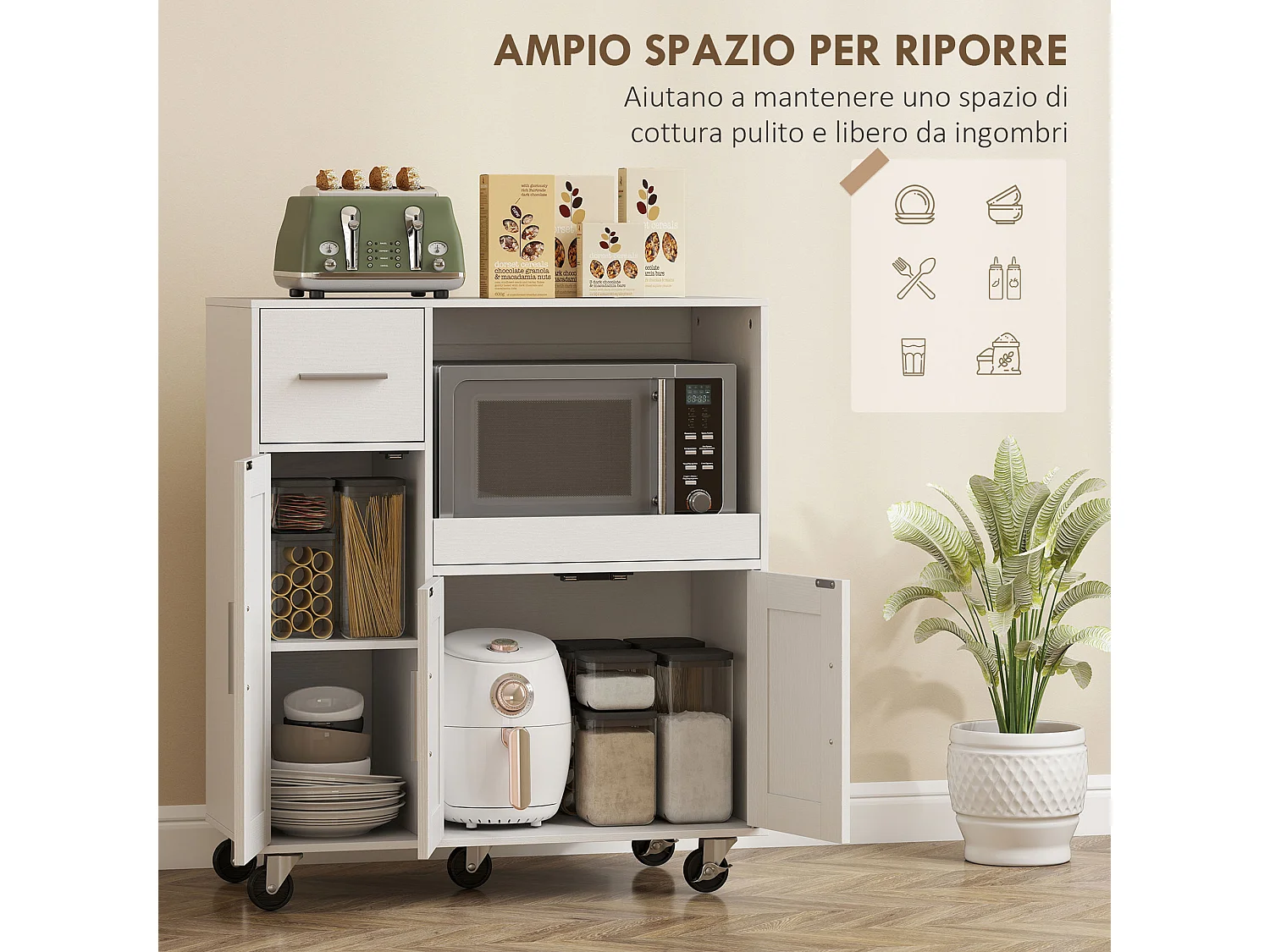 Mobile microonde con 5 ruote, credenza cucina con piano estraibile
