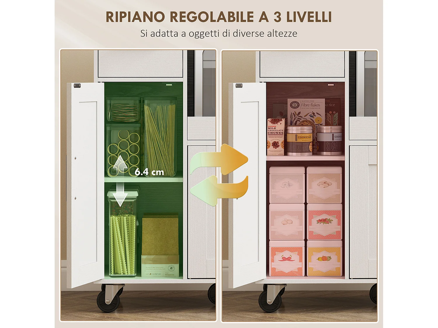 Mobile microonde con 5 ruote, credenza cucina con piano estraibile