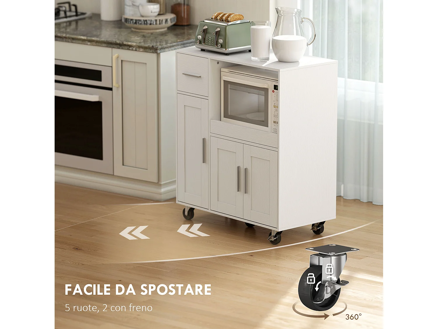 Mobile microonde con 5 ruote, credenza cucina con piano estraibile