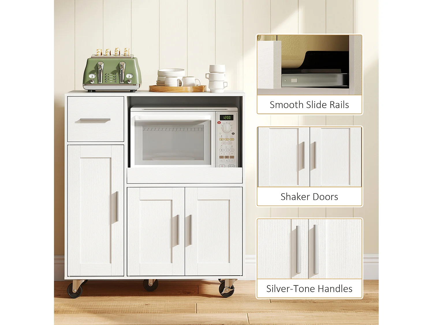 Mobile microonde con 5 ruote, credenza cucina con piano estraibile