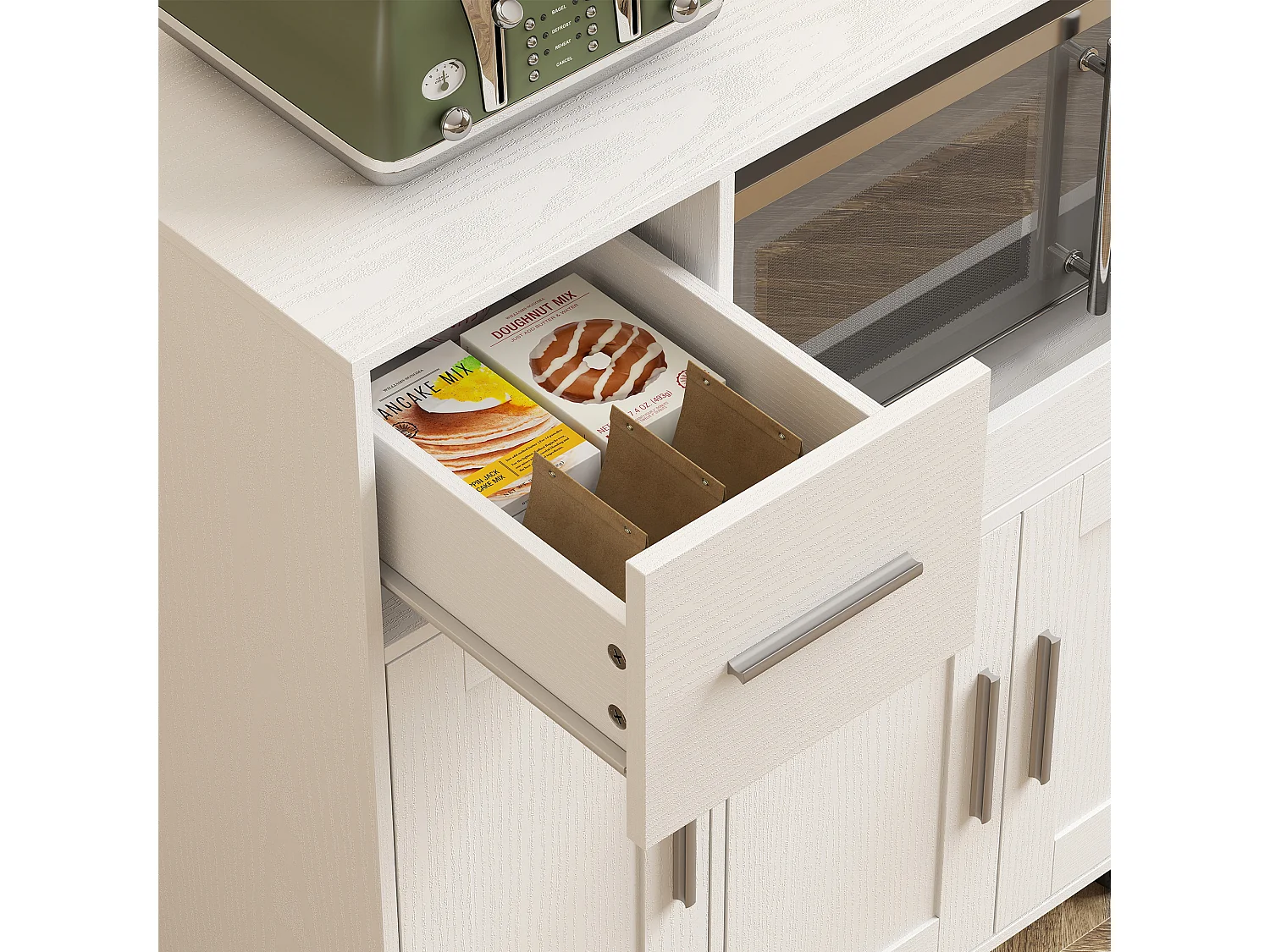 Mobile microonde con 5 ruote, credenza cucina con piano estraibile