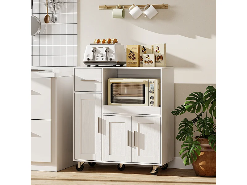 Mobile microonde con 5 ruote, credenza cucina con piano estraibile