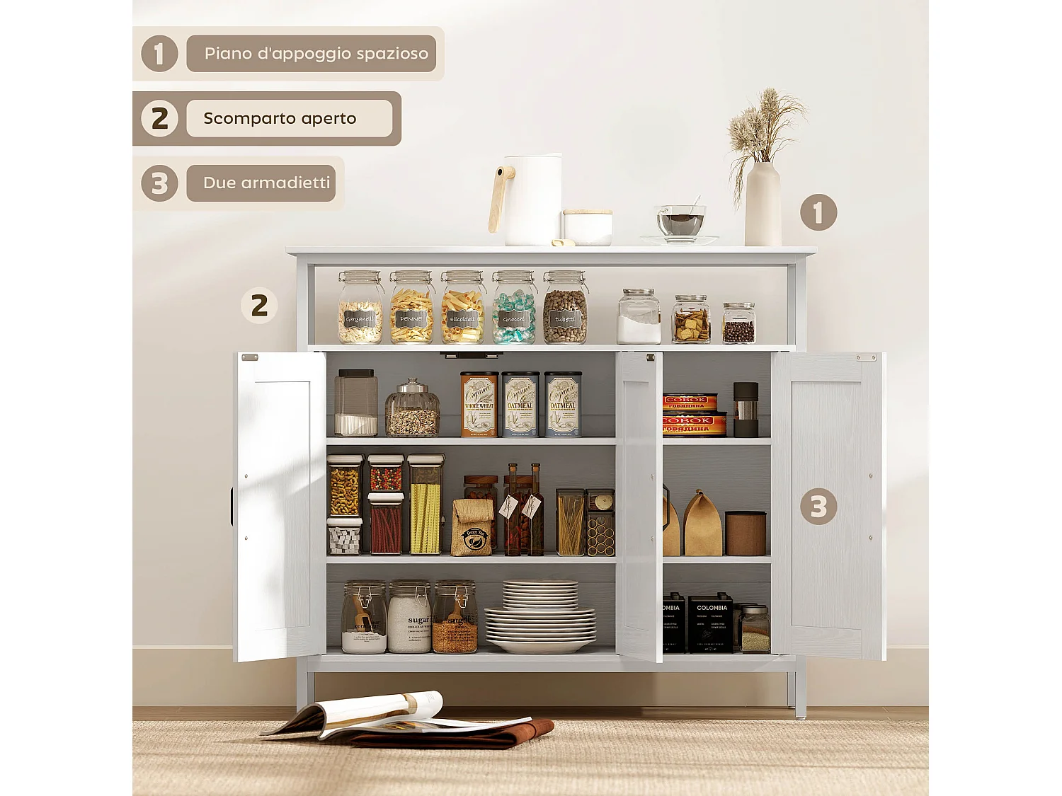 Credenza cucina con ripiano aperto e 2 armadietti mobile cucina