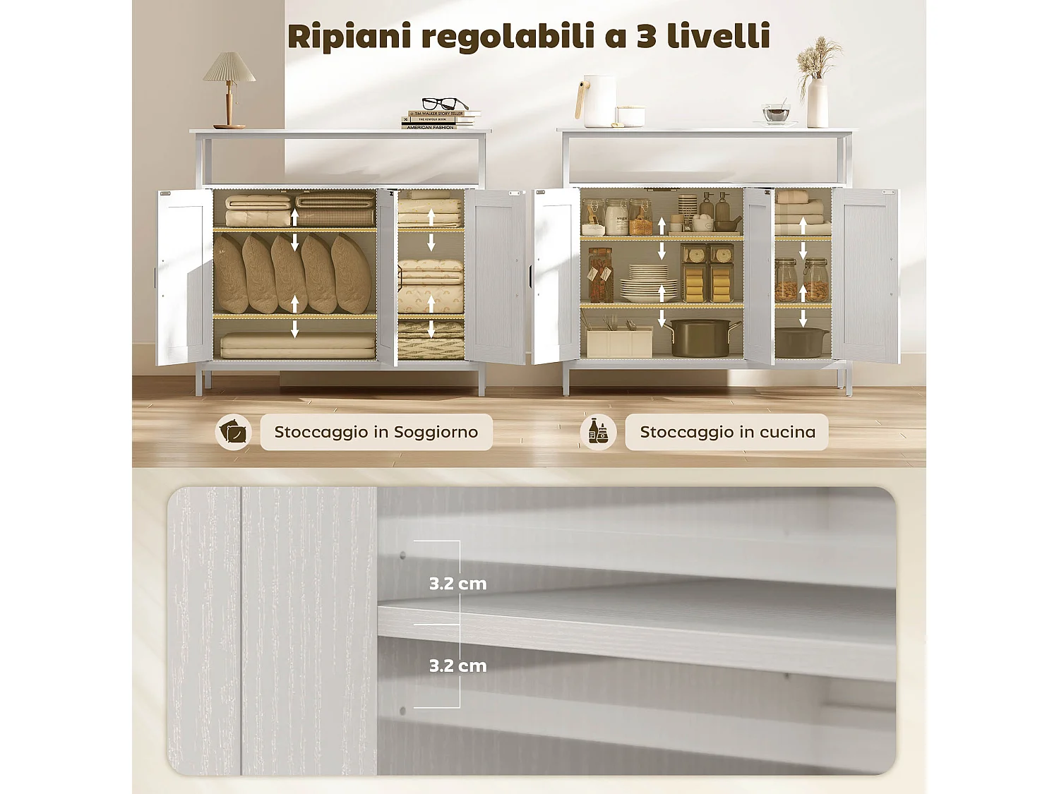 Credenza cucina con ripiano aperto e 2 armadietti mobile cucina