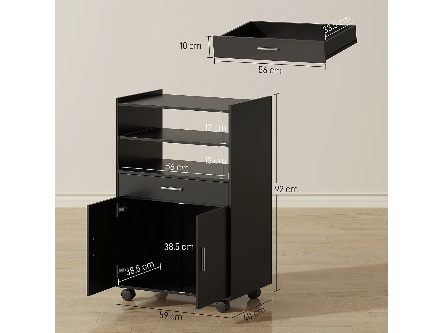 Mobile microonde con ruote credenza cucina con cassetto piano per elettrodomestici,