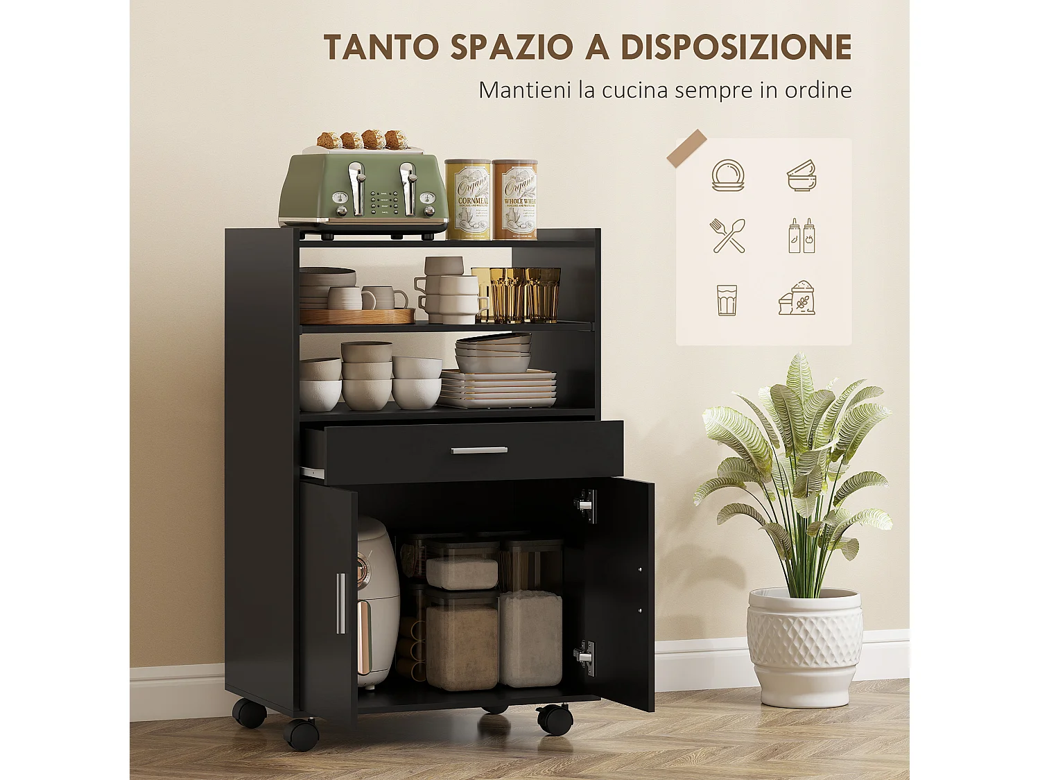Mobile microonde con ruote credenza cucina con cassetto piano per elettrodomestici,