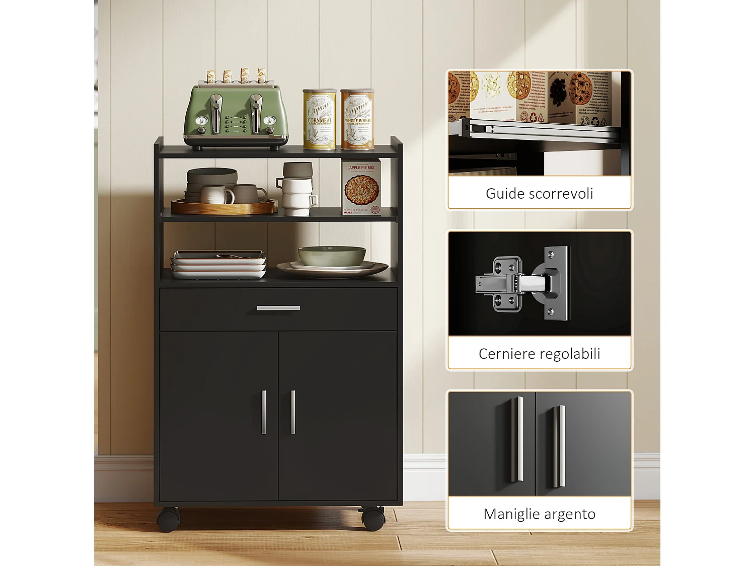Mobile microonde con ruote credenza cucina con cassetto piano per elettrodomestici,