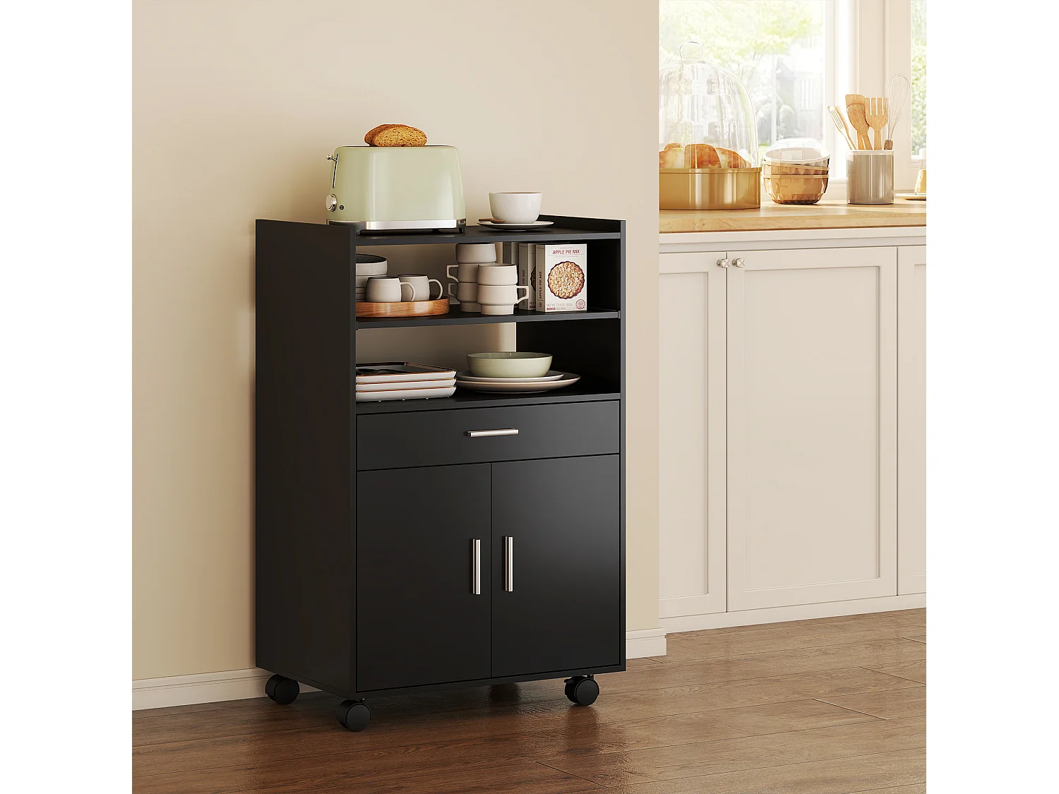 Mobile microonde con ruote credenza cucina con cassetto piano per elettrodomestici,