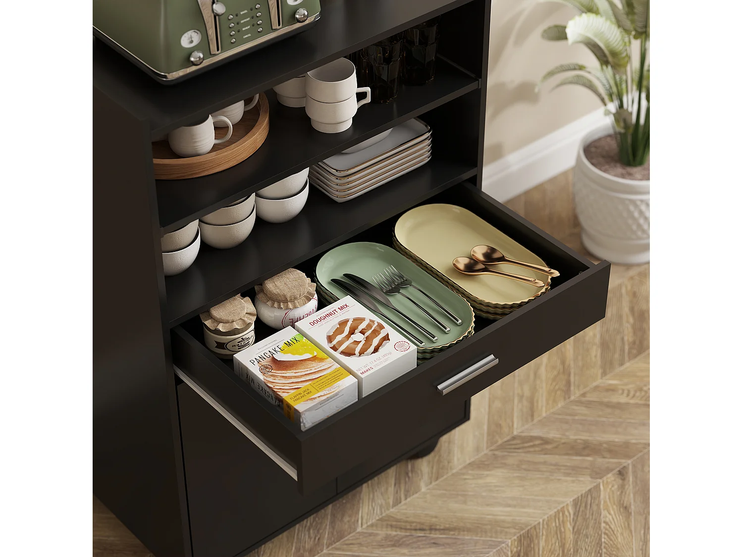 Mobile microonde con ruote credenza cucina con cassetto piano per elettrodomestici,