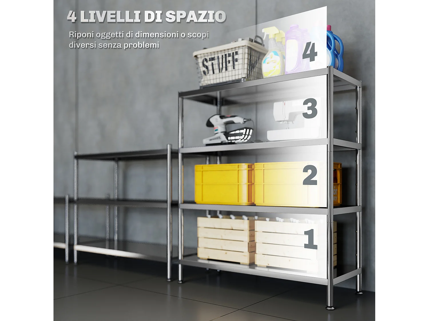 Scaffale in metallo a 4 livelli regolabili su 10 altezze diverse