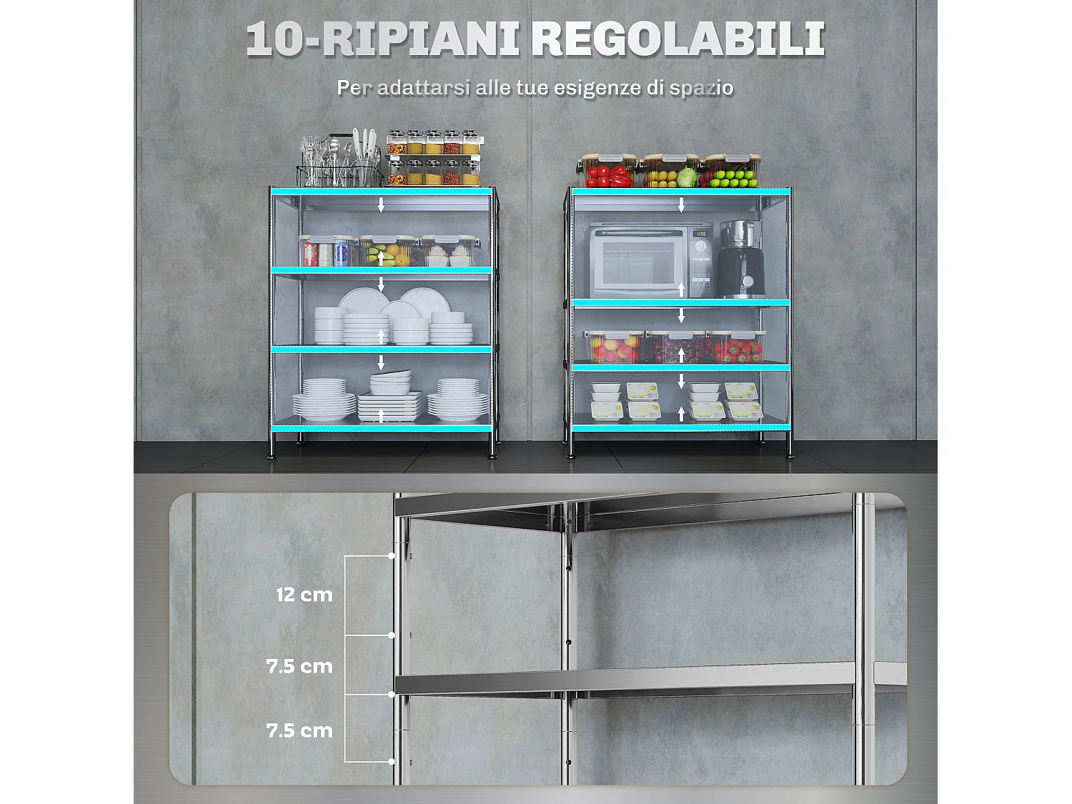 Scaffale in metallo a 4 livelli regolabili su 10 altezze diverse
