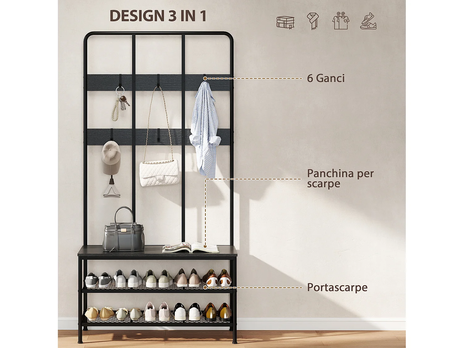 Appendiabiti da ingresso 3 in 1 con scarpiera attaccapanni stile industriale con panca