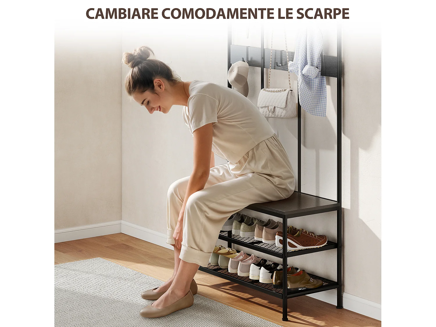 Appendiabiti da ingresso 3 in 1 con scarpiera attaccapanni stile industriale con panca