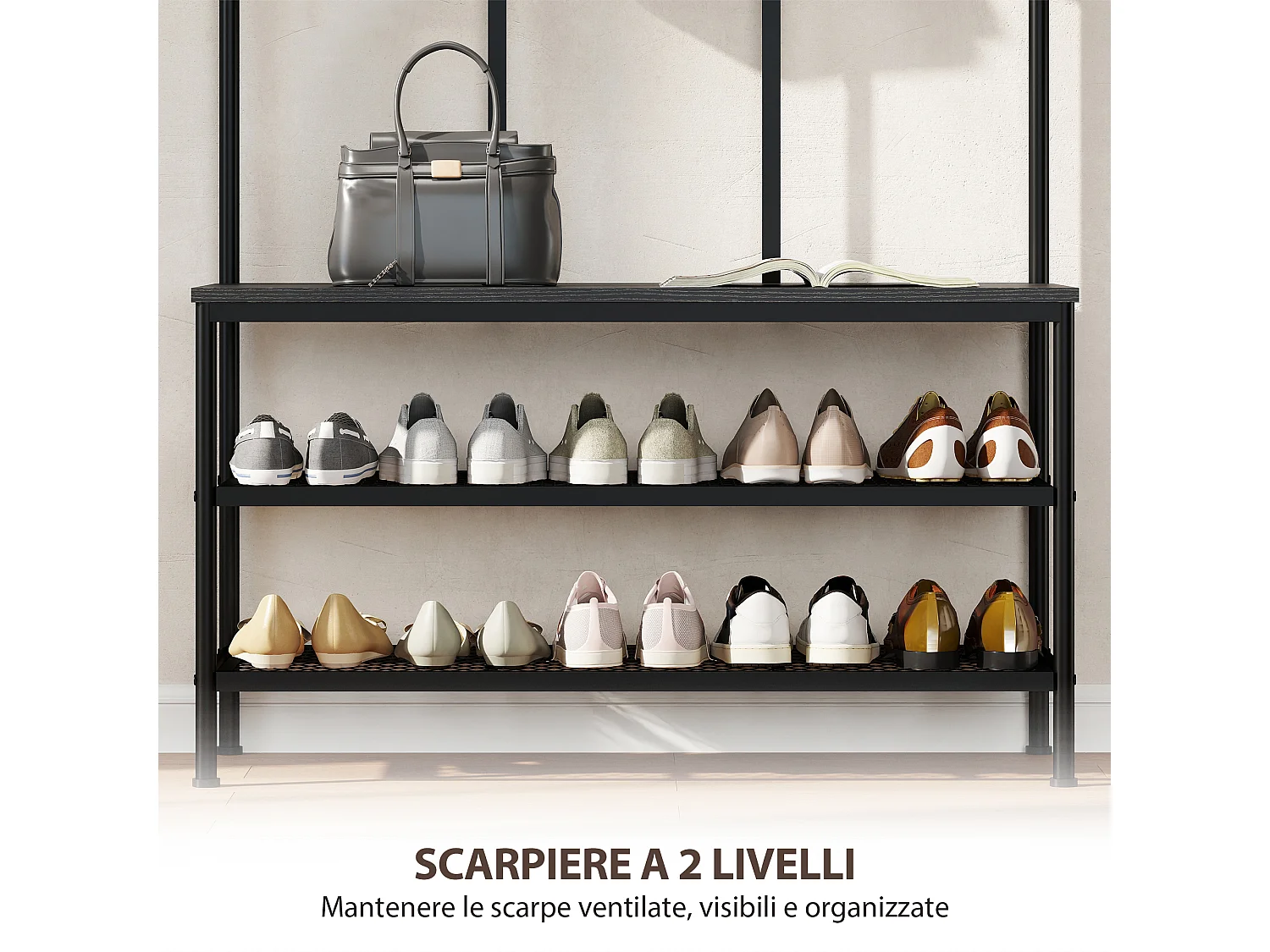 Appendiabiti da ingresso 3 in 1 con scarpiera attaccapanni stile industriale con panca