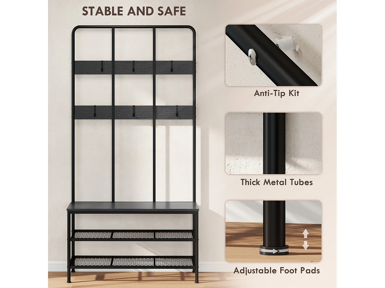 Appendiabiti da ingresso 3 in 1 con scarpiera attaccapanni stile industriale con panca
