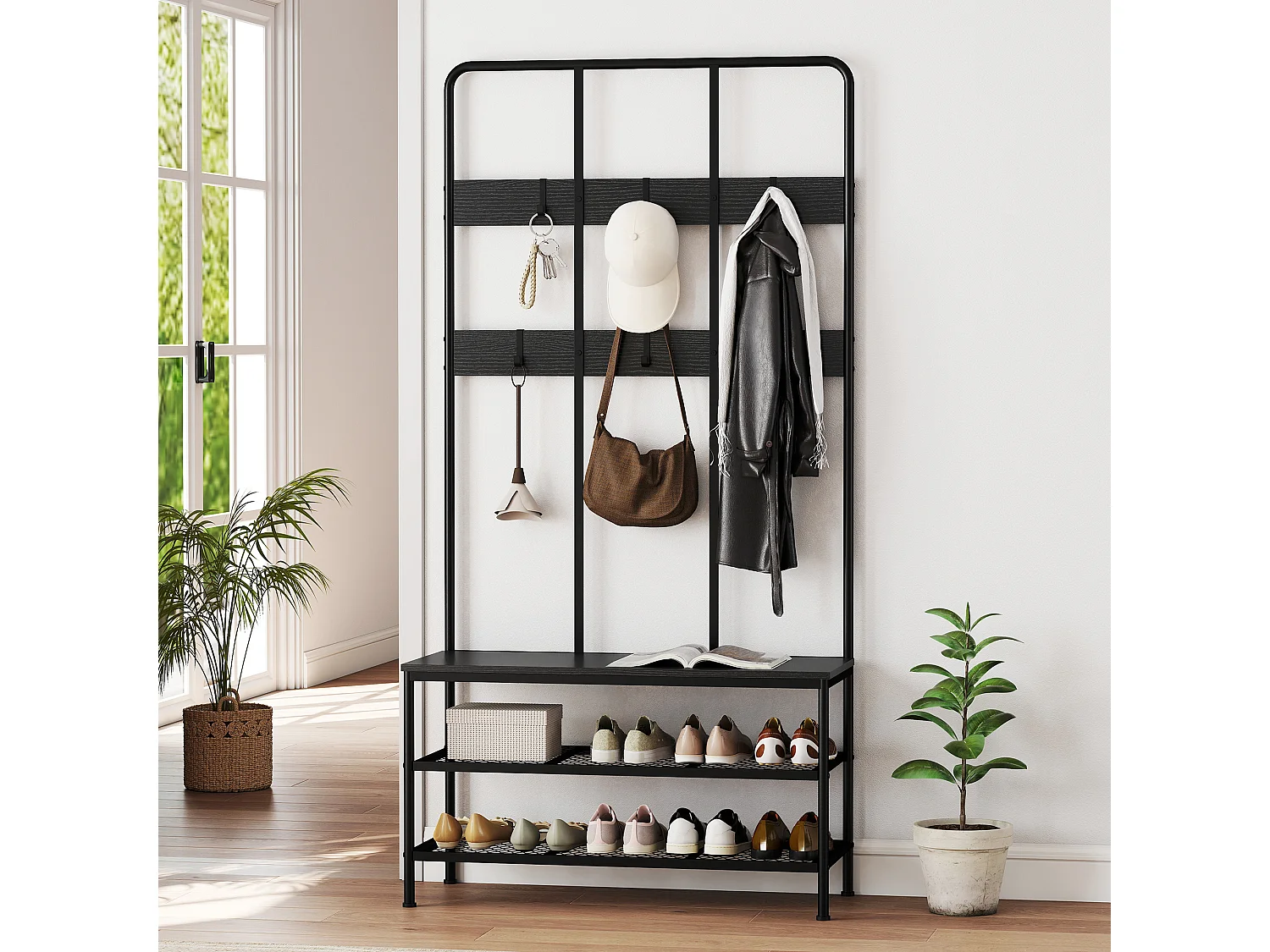 Appendiabiti da ingresso 3 in 1 con scarpiera attaccapanni stile industriale con panca