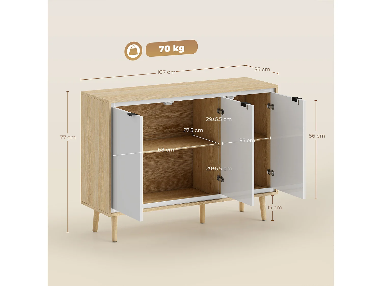 Credenza cucina con 3 ante mobile cucina moderno con ripiano regolabile e piedi in legno