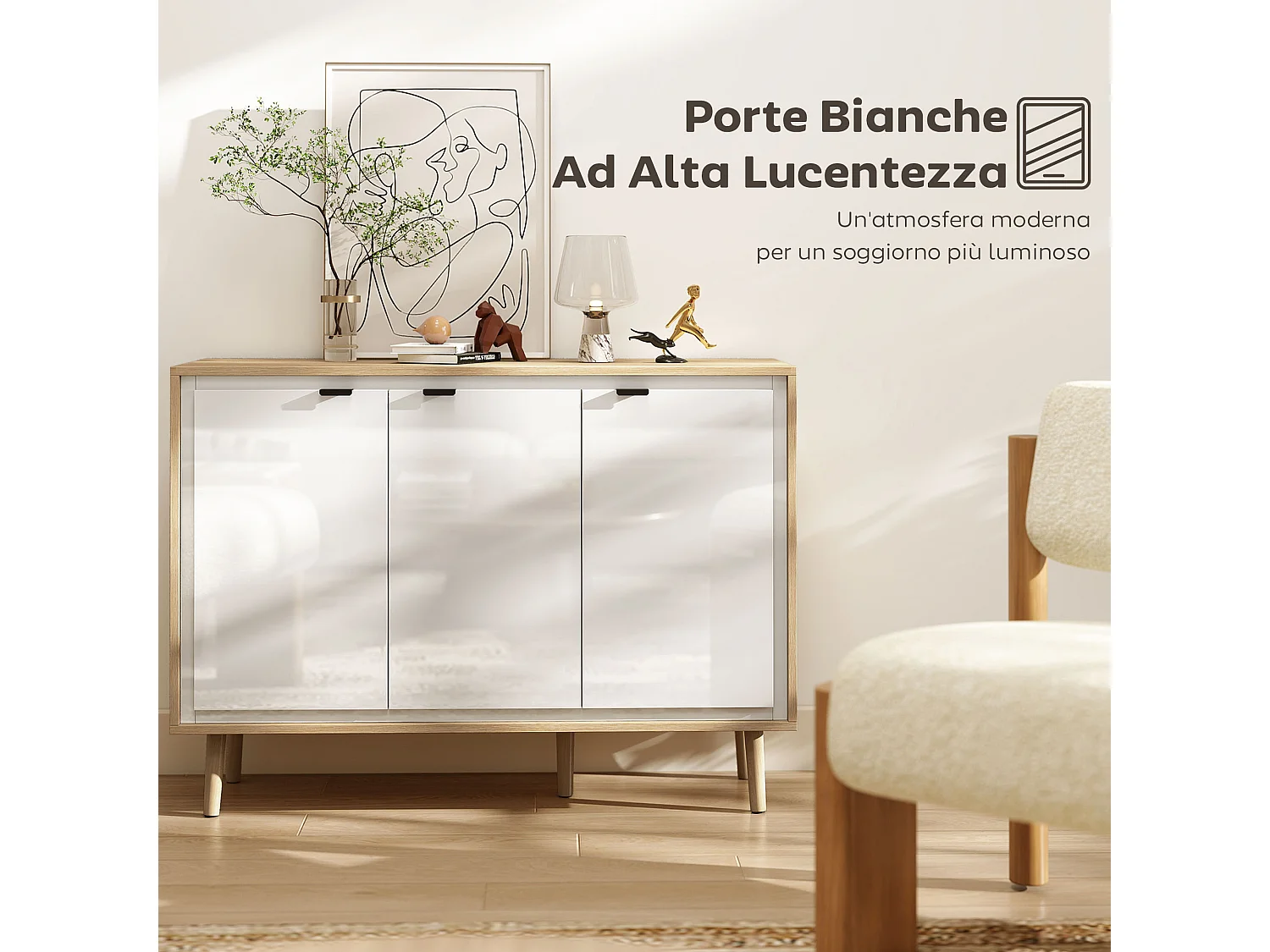 Credenza cucina con 3 ante mobile cucina moderno con ripiano regolabile e piedi in legno