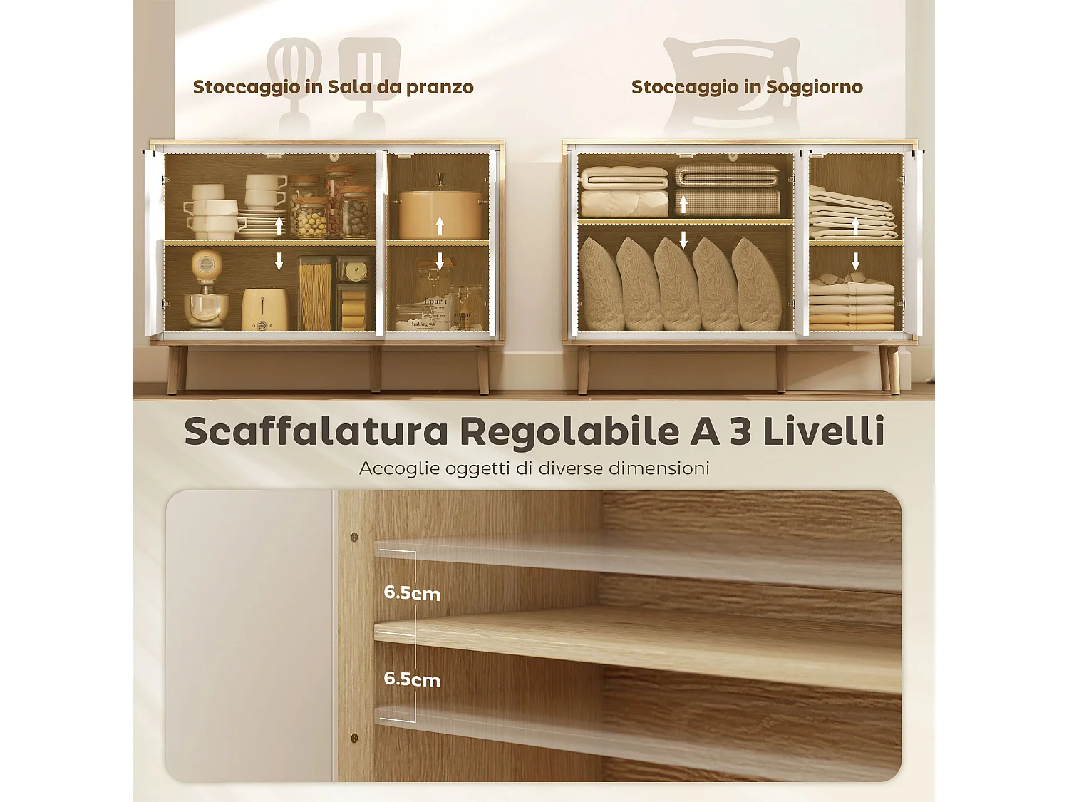 Credenza cucina con 3 ante mobile cucina moderno con ripiano regolabile e piedi in legno