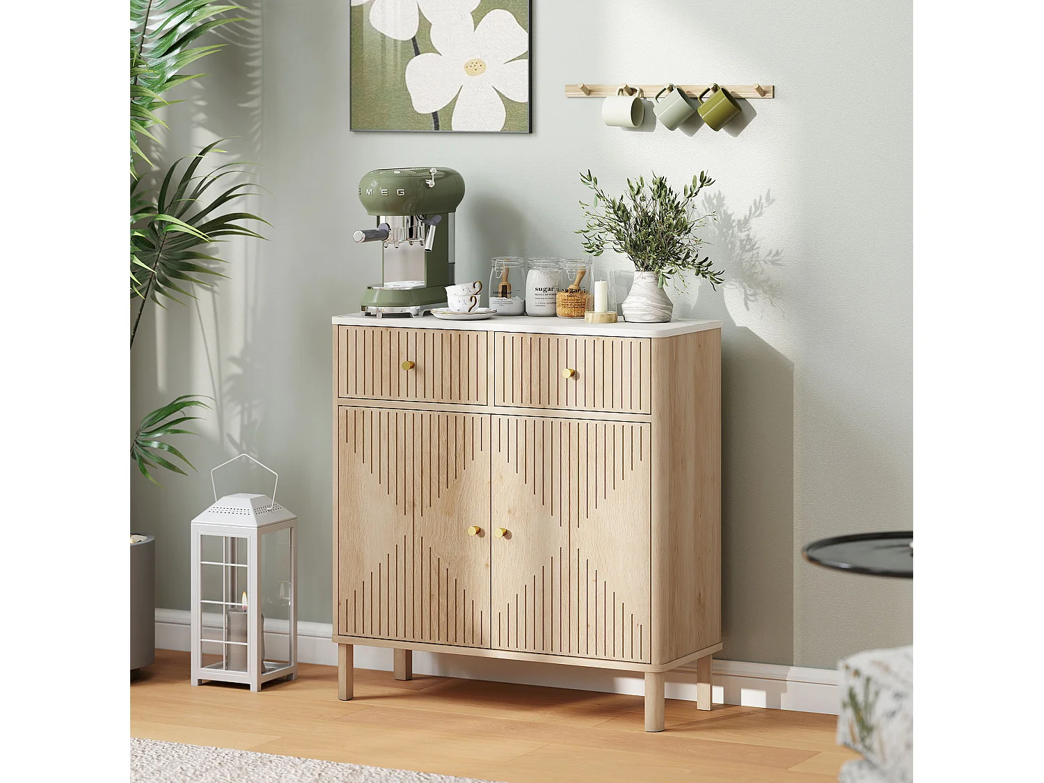 Credenza cucina con 2 cassetti silenziosi e piano d'appoggio effetto marmo