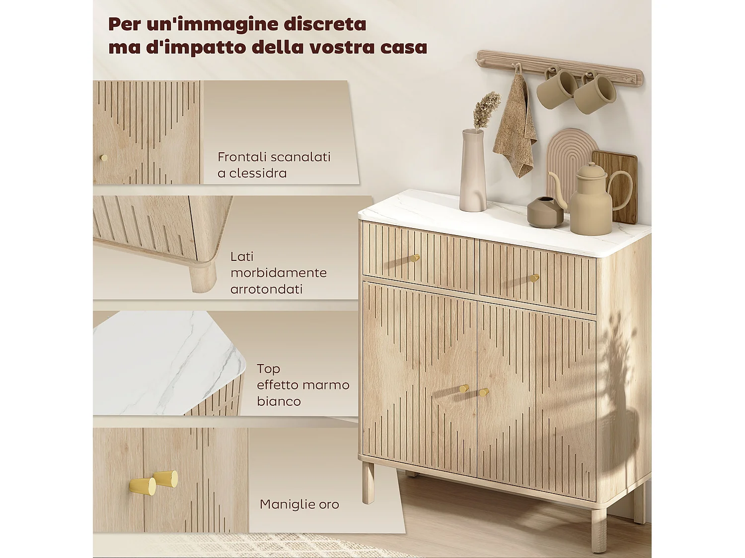 Credenza cucina con 2 cassetti silenziosi e piano d'appoggio effetto marmo