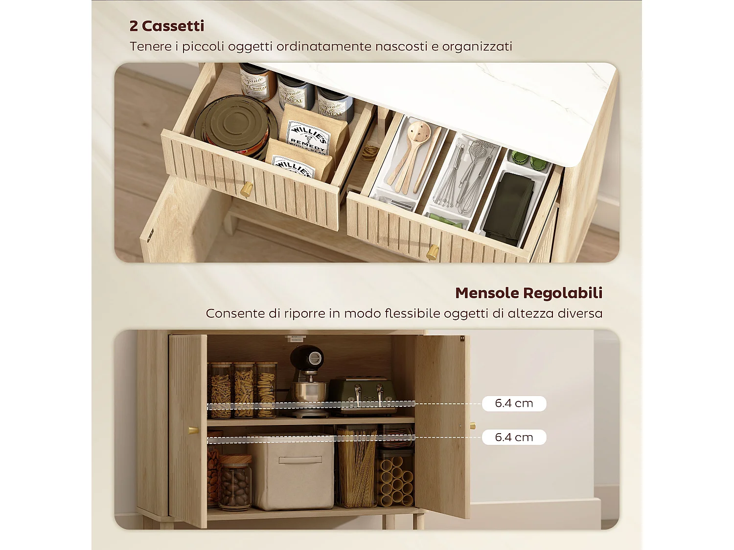 Credenza cucina con 2 cassetti silenziosi e piano d'appoggio effetto marmo