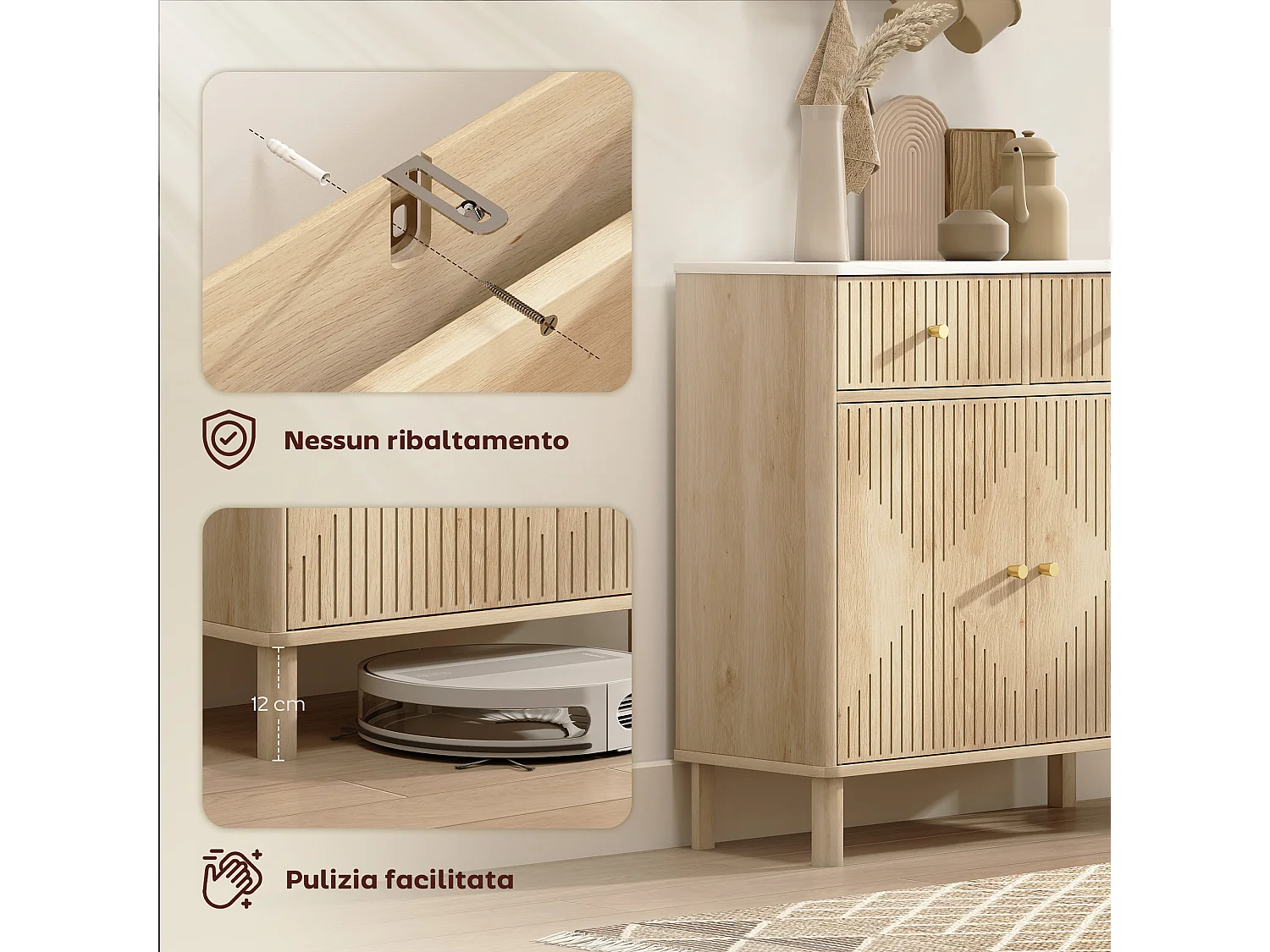 Credenza cucina con 2 cassetti silenziosi e piano d'appoggio effetto marmo