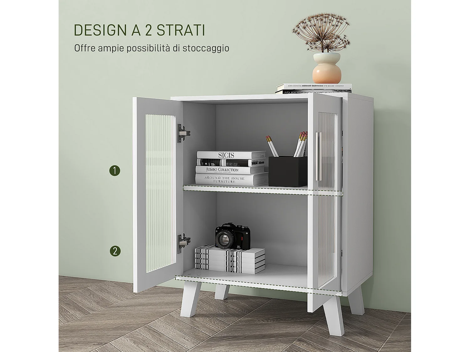 Credenza moderna con 2 ante trasparenti mobile multiuso a 2 ripiani per cucina