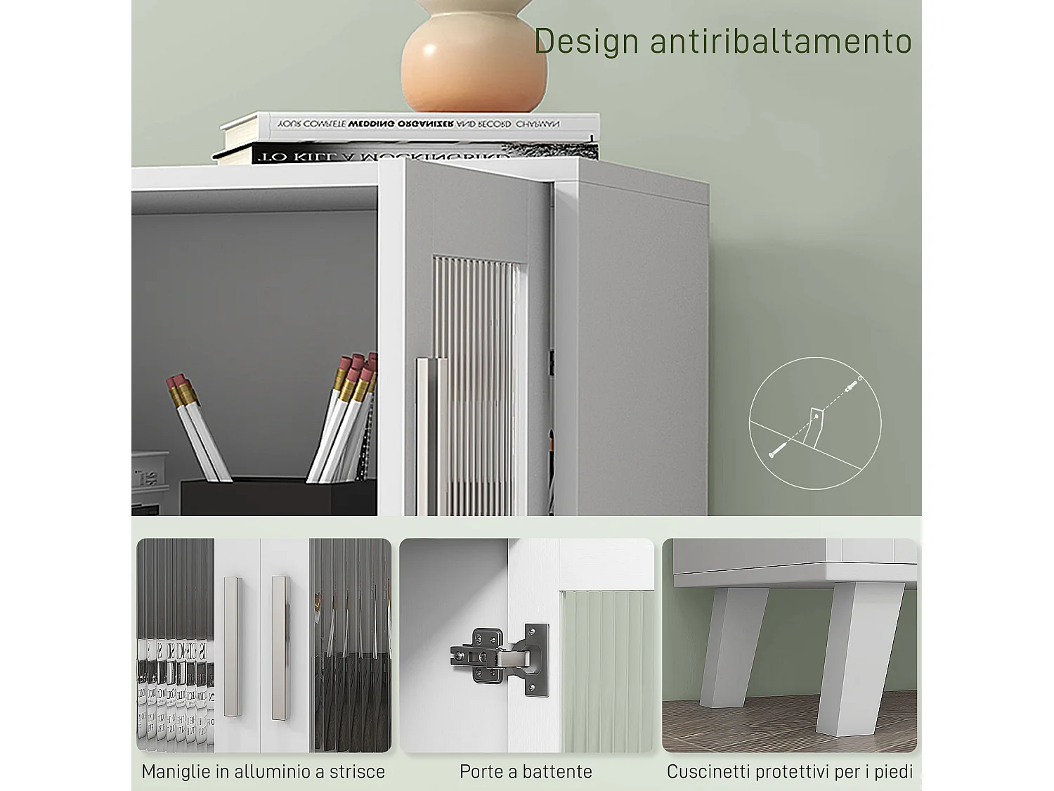 Credenza moderna con 2 ante trasparenti mobile multiuso a 2 ripiani per cucina