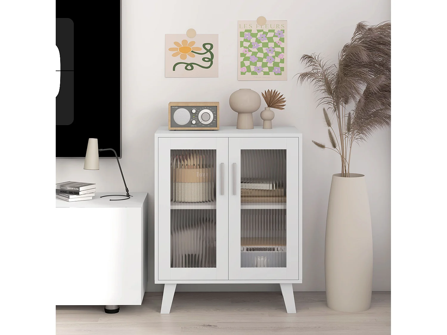 Credenza moderna con 2 ante trasparenti mobile multiuso a 2 ripiani per cucina