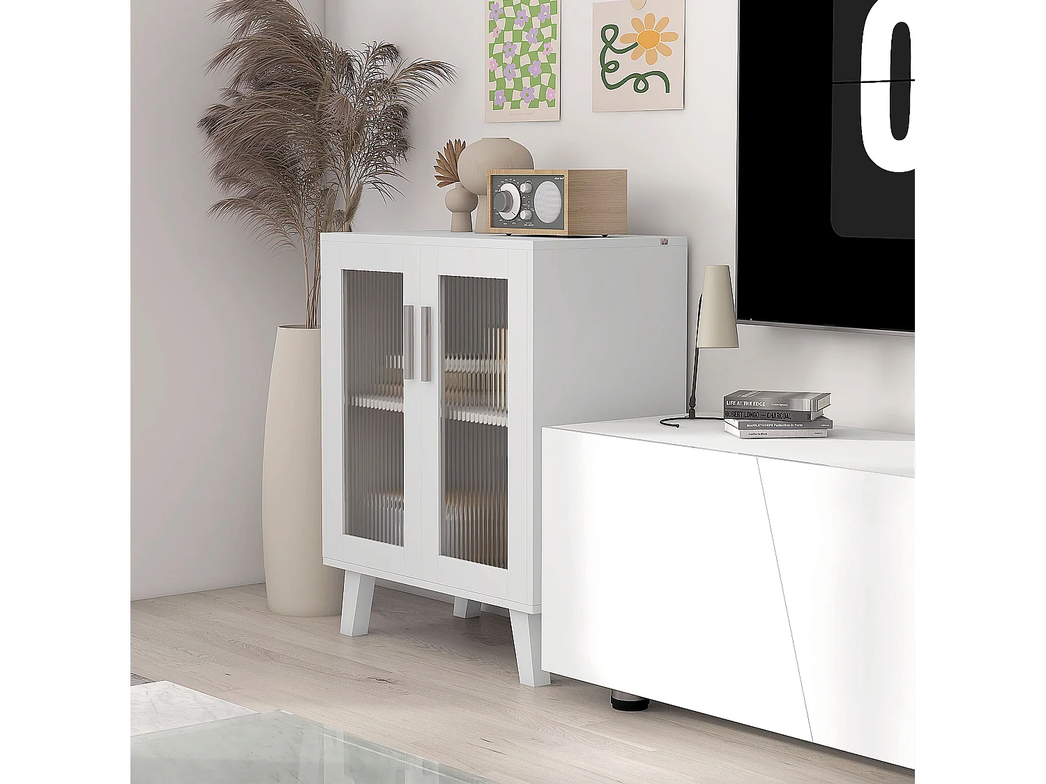 Credenza moderna con 2 ante trasparenti mobile multiuso a 2 ripiani per cucina