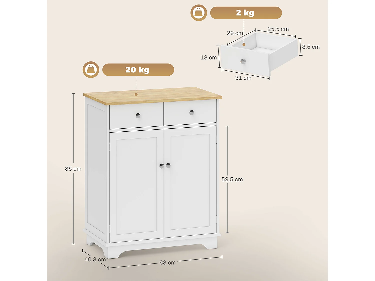 Credenza soggiorno con 2 cassetti e armadietto con ripiano regolabile