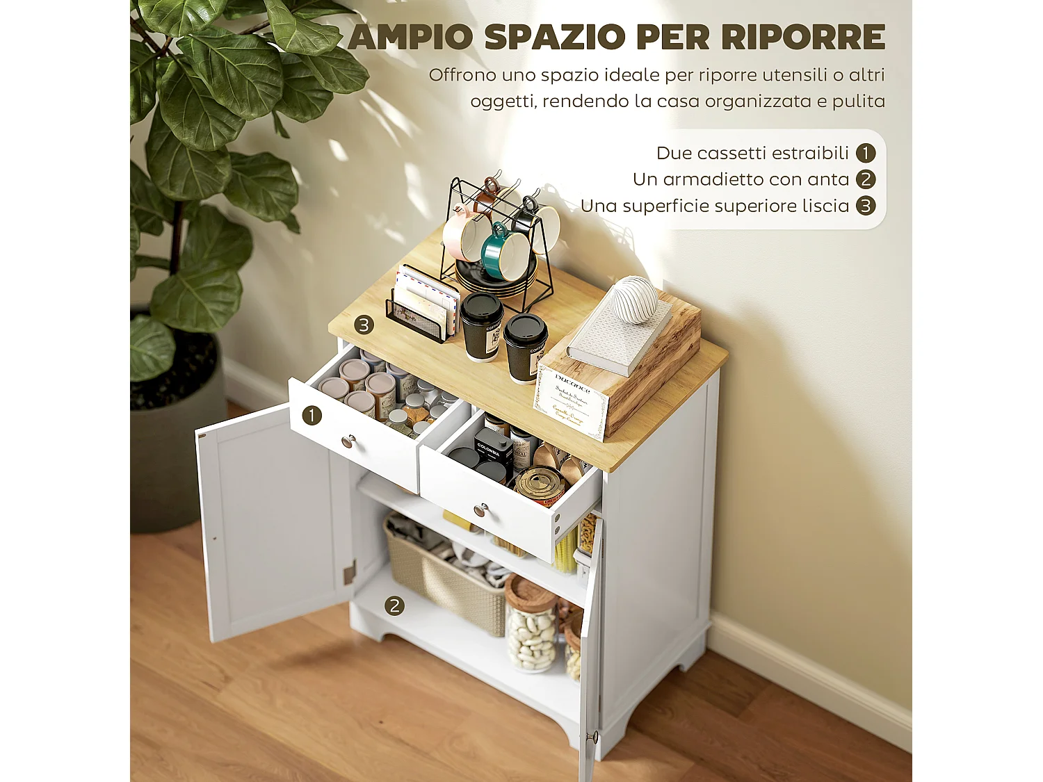Credenza soggiorno con 2 cassetti e armadietto con ripiano regolabile