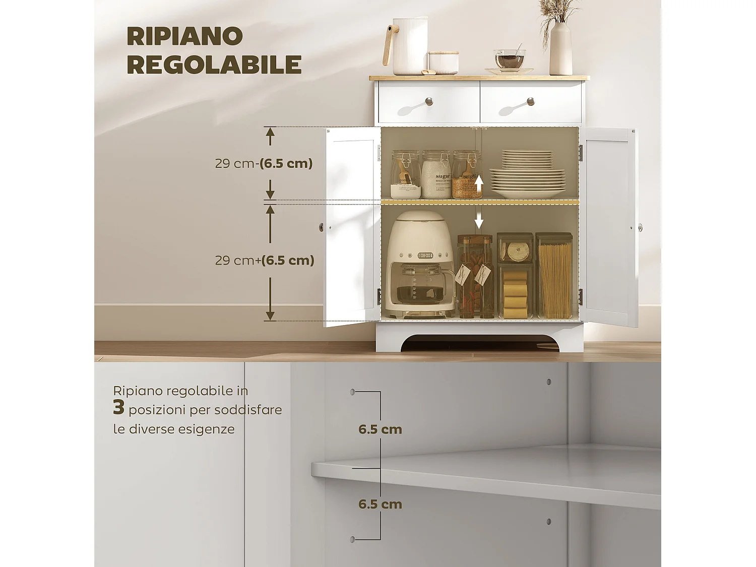 Credenza soggiorno con 2 cassetti e armadietto con ripiano regolabile