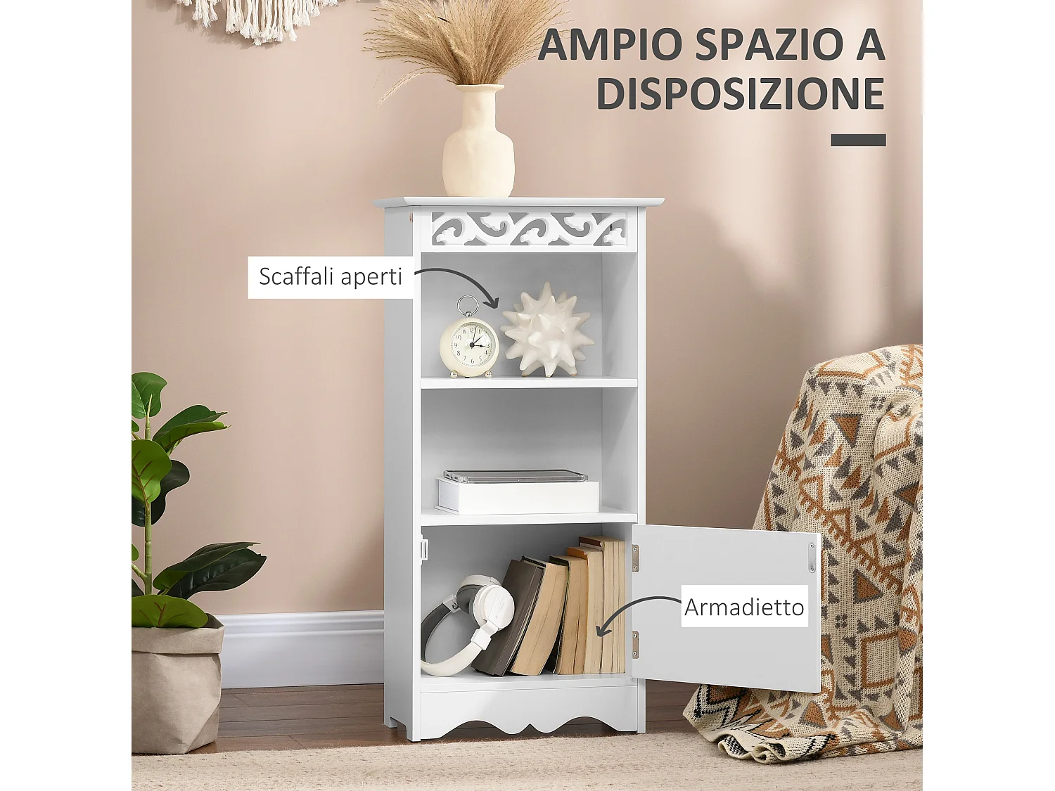 Mobiletto bagno da terra con armadietto e 2 ripiani in mdf bianco