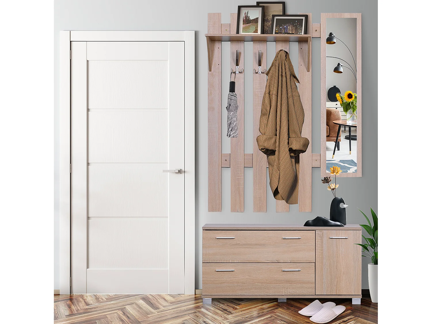 Set appendiabiti 3 in 1 con specchio e scarpiera in legno