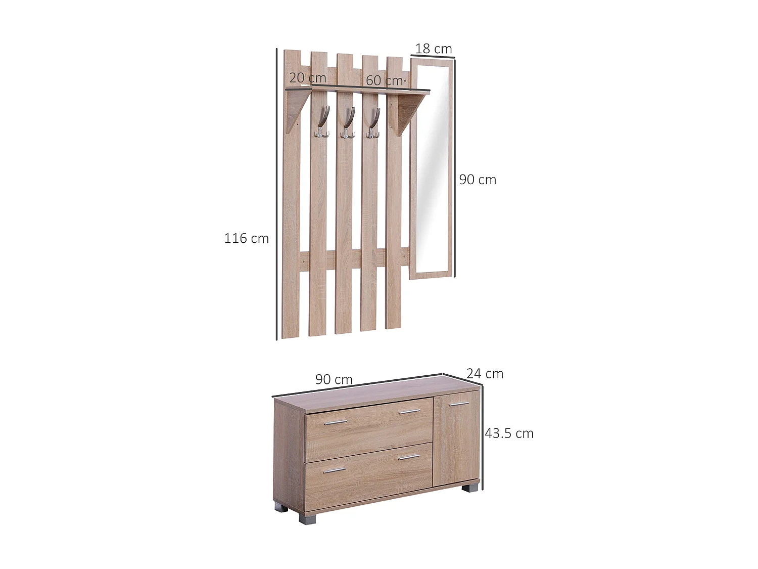 Set appendiabiti 3 in 1 con specchio e scarpiera in legno