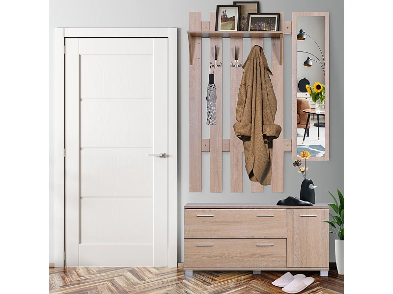 Set appendiabiti 3 in 1 con specchio e scarpiera in legno