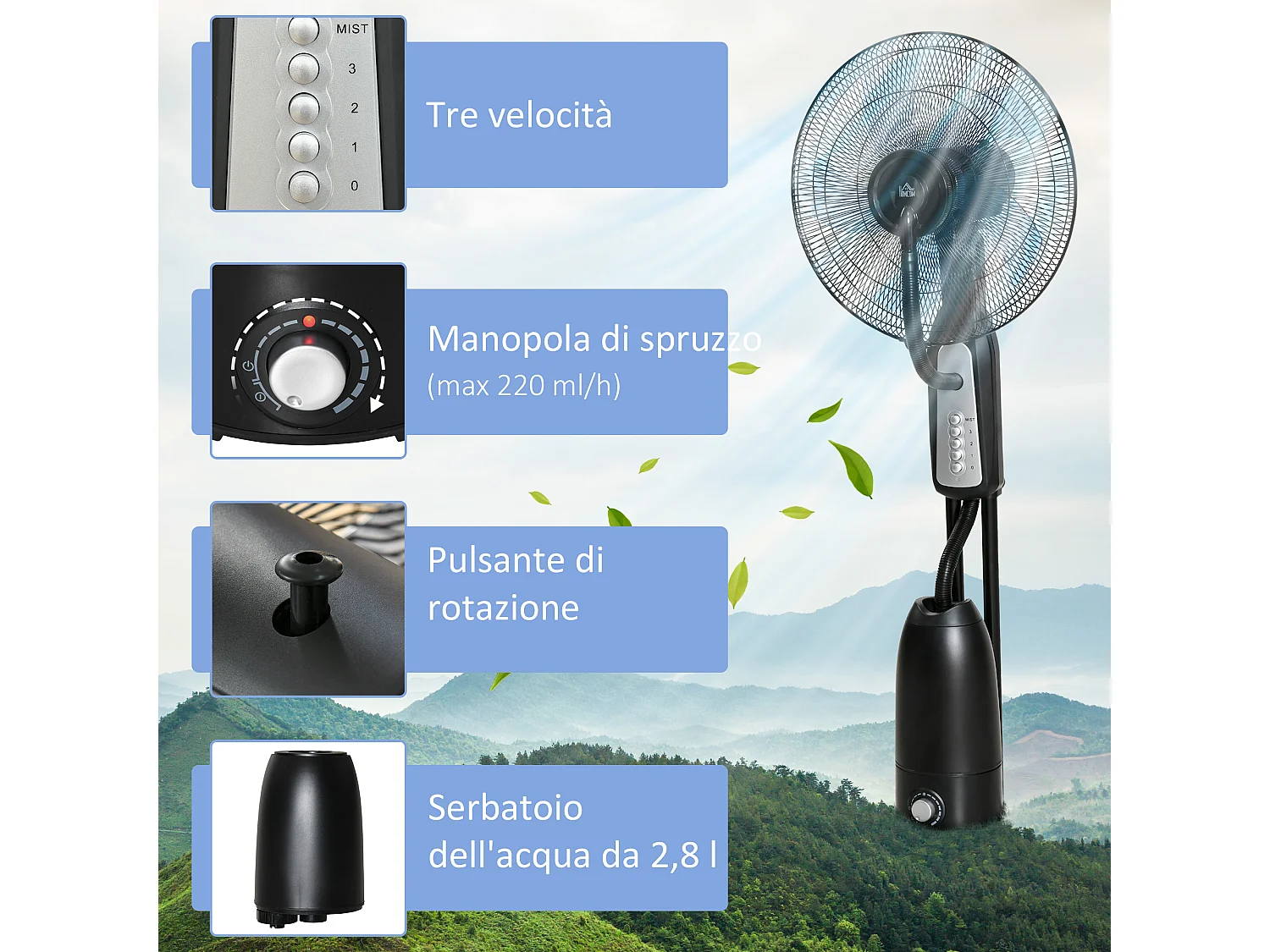 Ventilatore nebulizzatore 90w a 4 ruote con serbatoio 2.8l e 4 velocità