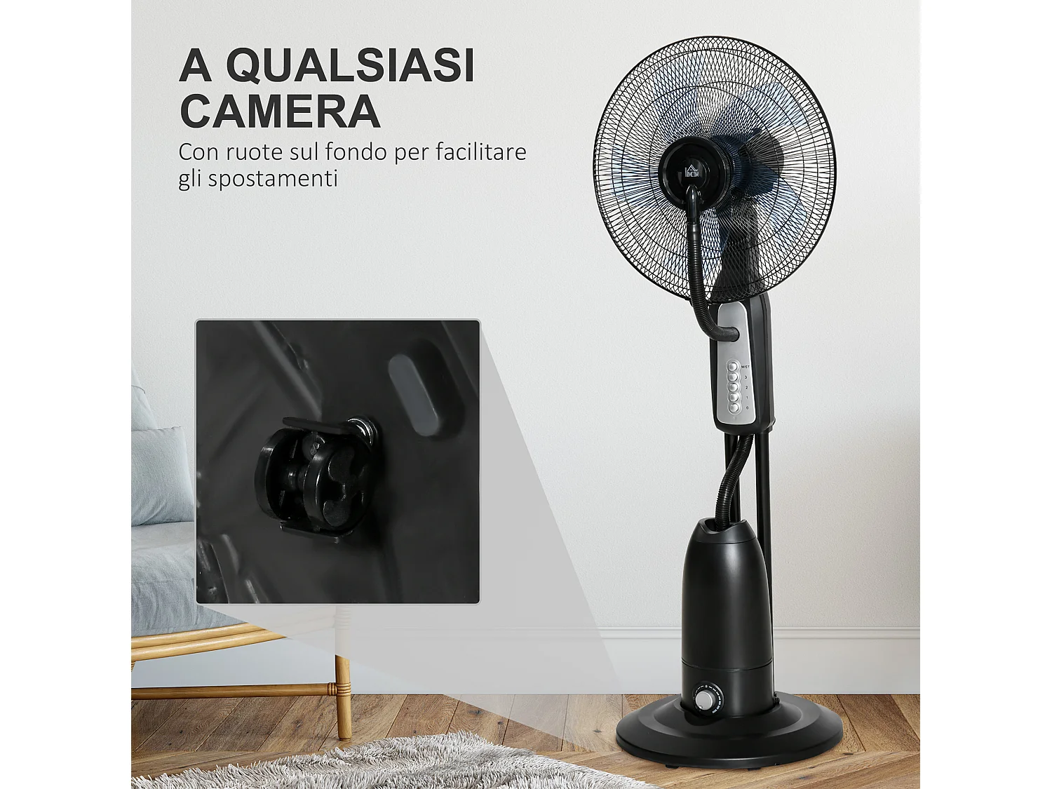 Ventilatore nebulizzatore 90w a 4 ruote con serbatoio 2.8l e 4 velocità
