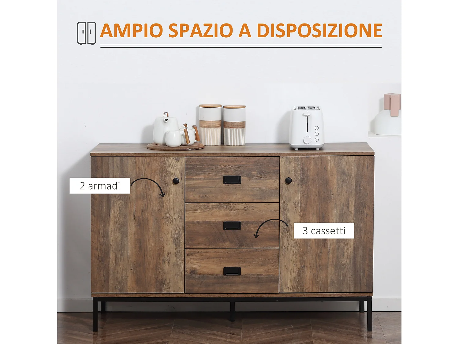 Credenza moderna con 2 armadietti a 2 ante e 3 cassetti marrone