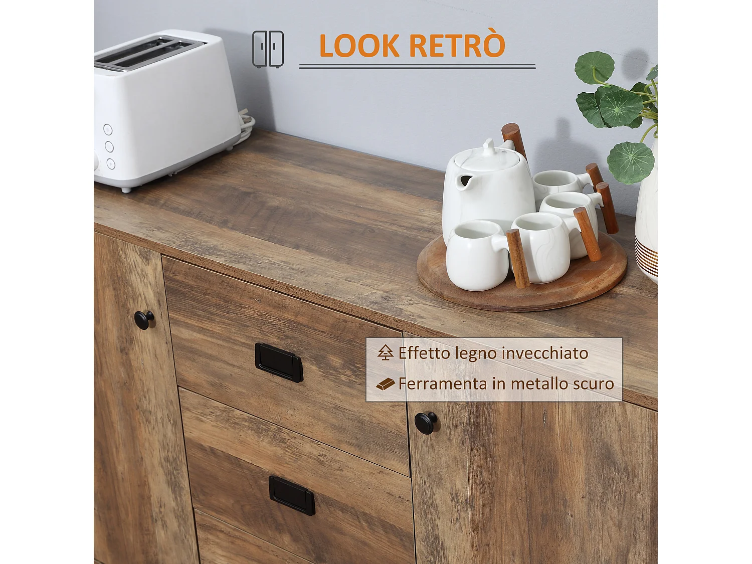 Credenza moderna con 2 armadietti a 2 ante e 3 cassetti marrone