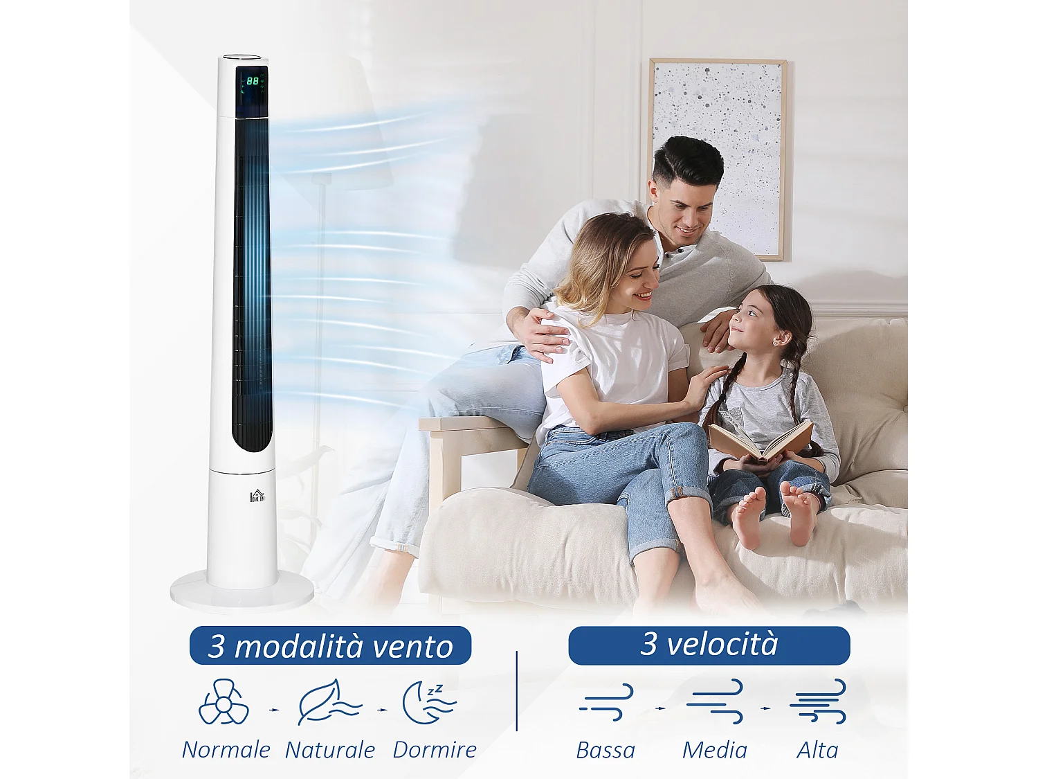 Ventilatore a torre 50w a 3 modalità e 3 velocità con timer da 12h