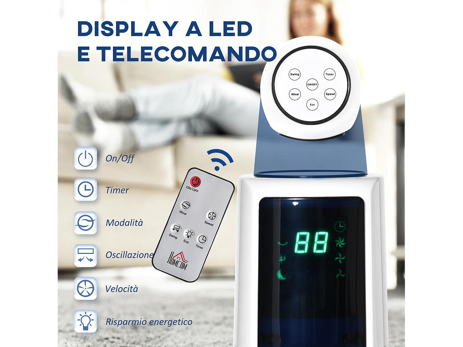 Ventilatore a torre 50w a 3 modalità e 3 velocità con timer da 12h