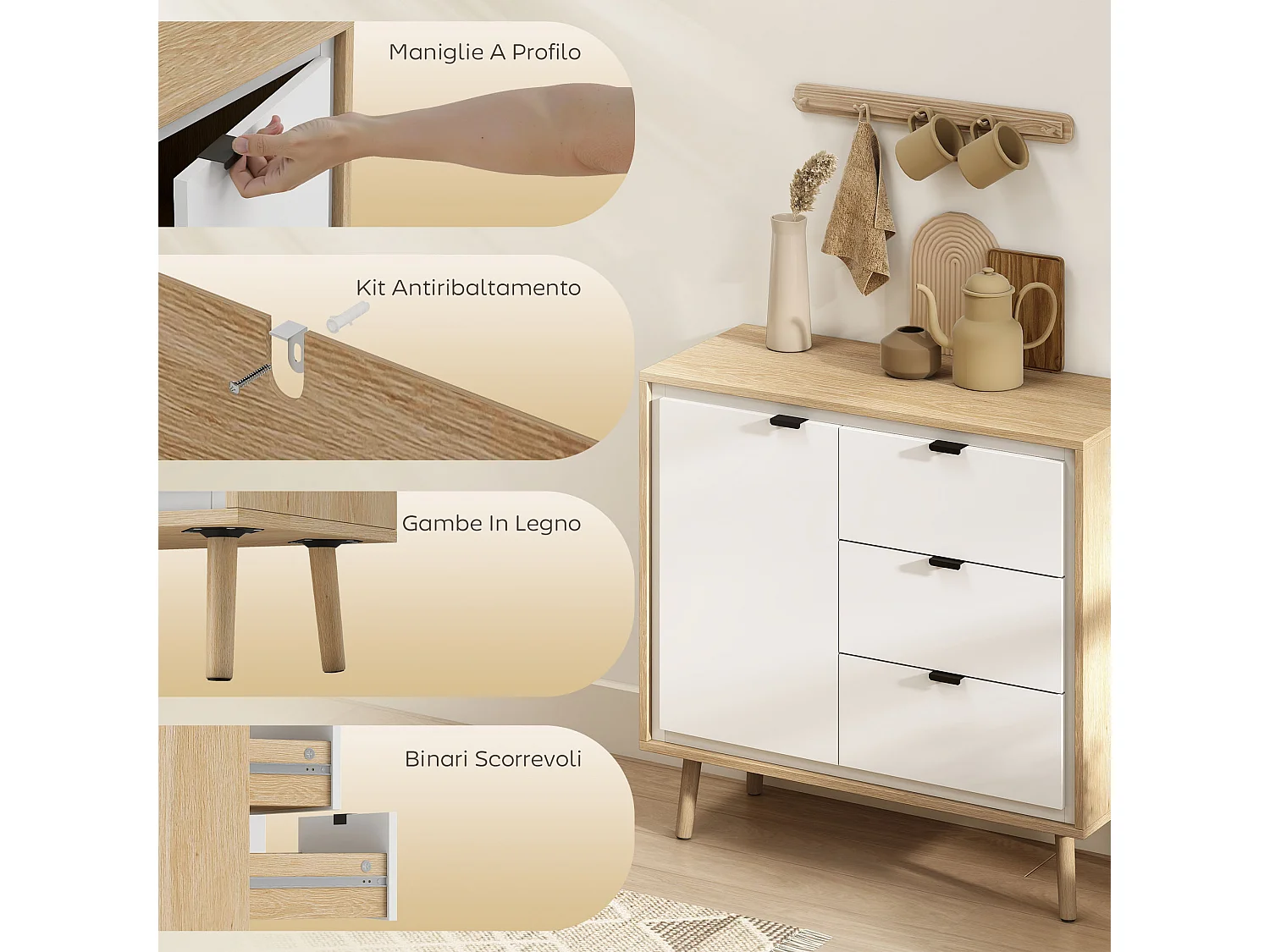 Credenza cucina con 3 cassetti e armadietto mobile cucina moderno