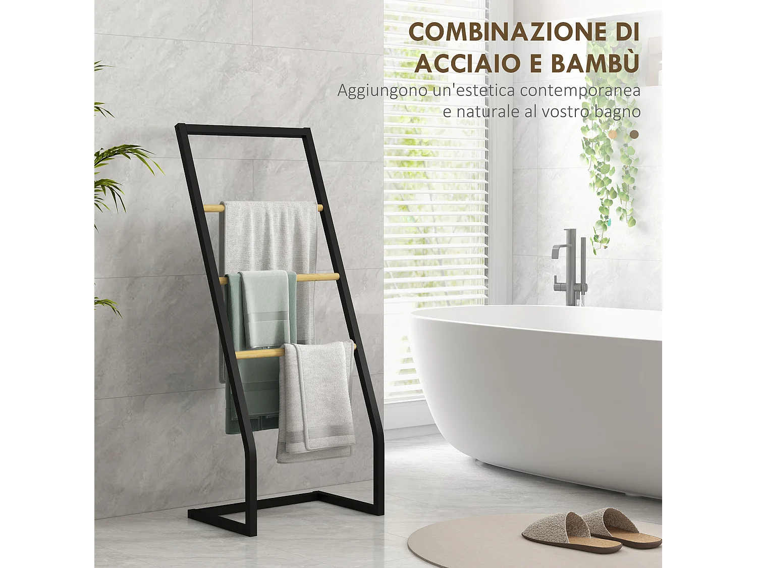 Portasciugamani 4 sbarre in acciaio e bambù 40.5x28x98cm nero e legno
