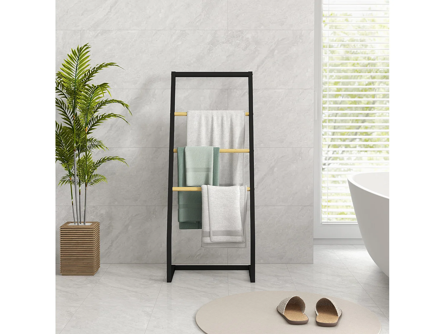 Portasciugamani 4 sbarre in acciaio e bambù 40.5x28x98cm nero e legno