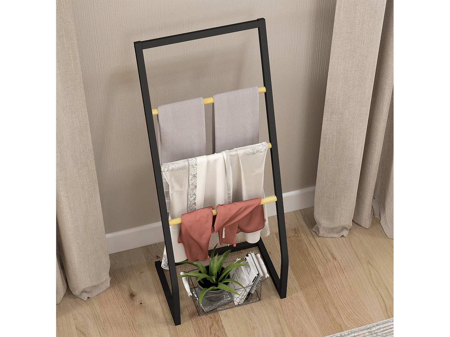 Portasciugamani 4 sbarre in acciaio e bambù 40.5x28x98cm nero e legno