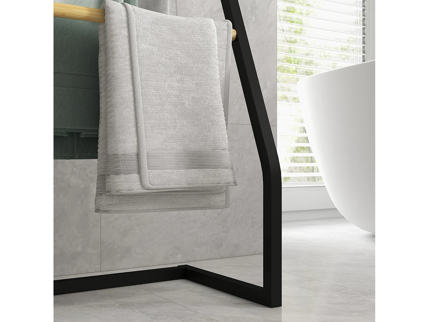 Portasciugamani 4 sbarre in acciaio e bambù 40.5x28x98cm nero e legno