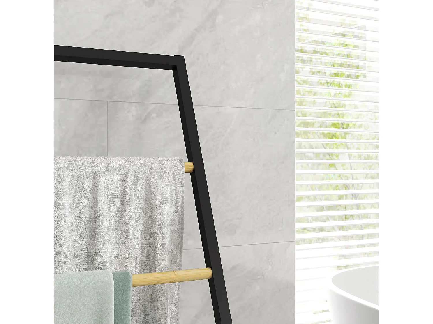 Portasciugamani 4 sbarre in acciaio e bambù 40.5x28x98cm nero e legno